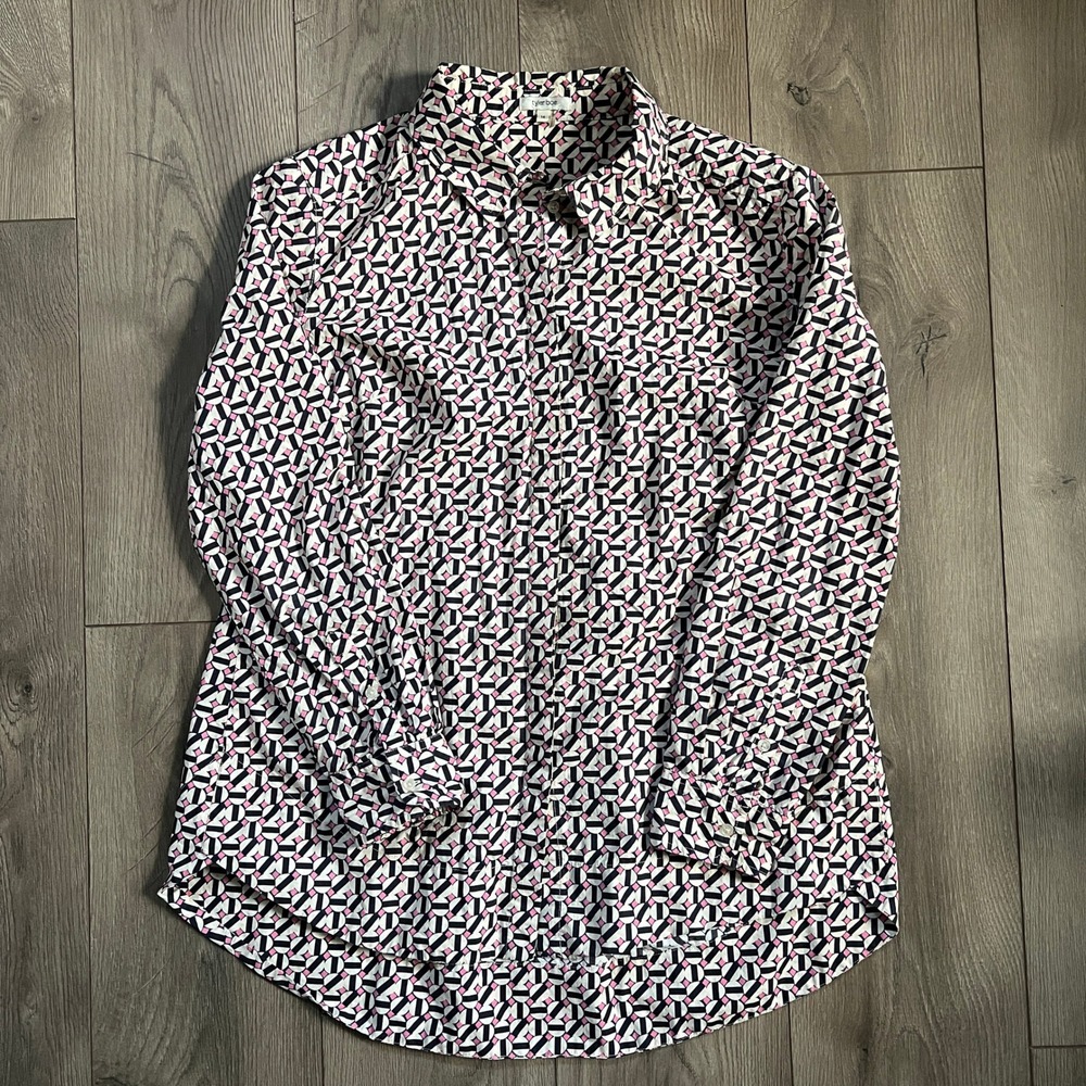 Tyler Boe Geometric Print Button Up Cotton Tunic‎ Top Shirt Size 14 100% Cotton